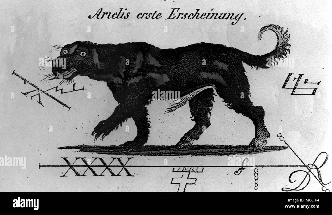 The appearance of the demon Arielis, when first conjured by the magician. Three related sigils surround this canine demon, and carry as much magical weight as the image itself. A hand-coloured drawing for Sheible's Faustbuch, circa 1851 Stock Photo