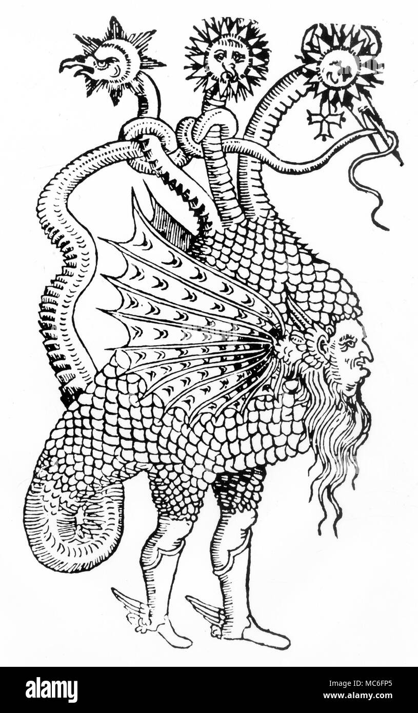 The Mercurial dragon, which is an image of Man. The three heads combine Moon, Sun and Mercury, the latter acting as a mediator for the first two. This triadic image is the occult representation of mankind, which is hermaphrodite, the Spirit and Soul being mediated by the mercuric principle. From the 1612 edition of Martin Rutland's Lexicon Alchemiae. Stock Photo