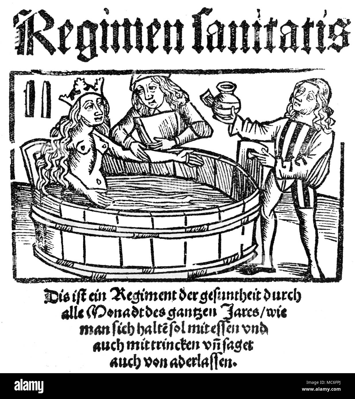 Woman undergoing water treatment from the 'Regimen Sanitatis', printed in Strassbourg in 1513 Stock Photo
