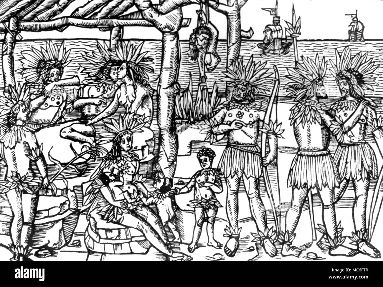 Imaginative illustration of South American Indians (Brazil) roasting and devouring human flesh. Woodcut of 1505. Stock Photo