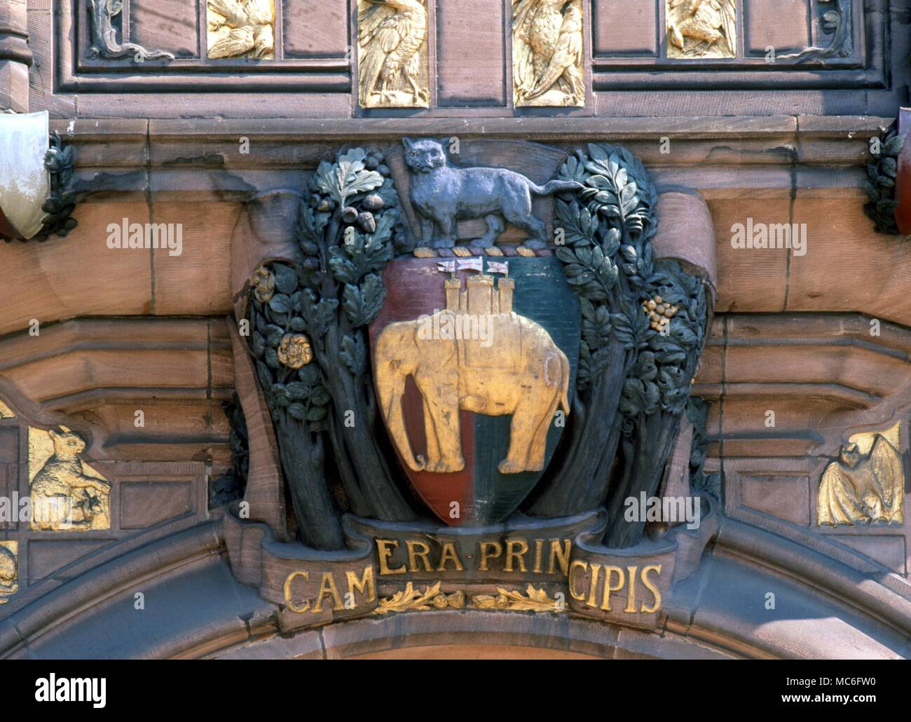 Painted basrelief of the coat of arms of Coventry City, with the famous heraldic cat. Facade of