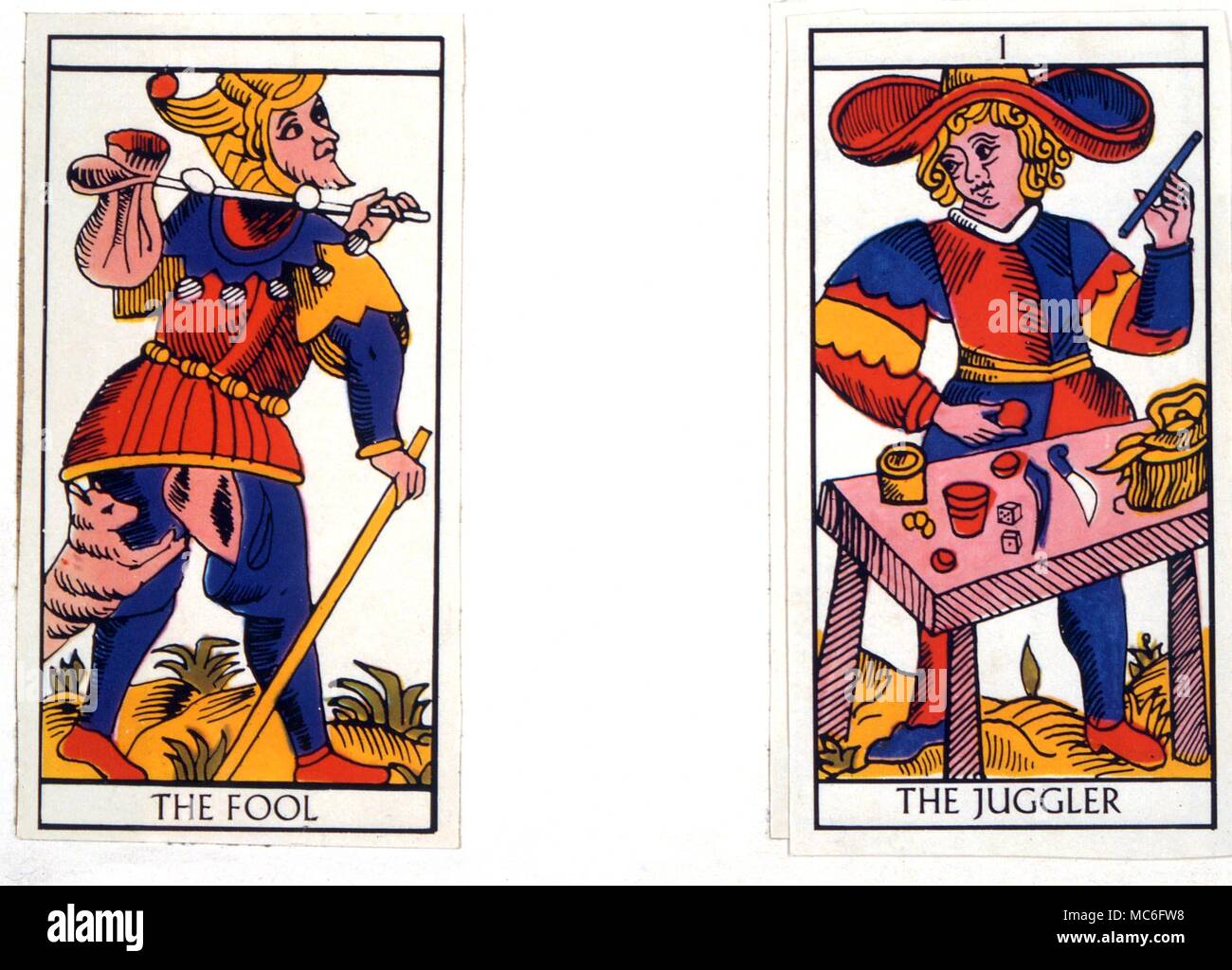 The Fool and the Juggler cards of the Tarot pack Grimaud design, of the early 19th century. Stock Photo