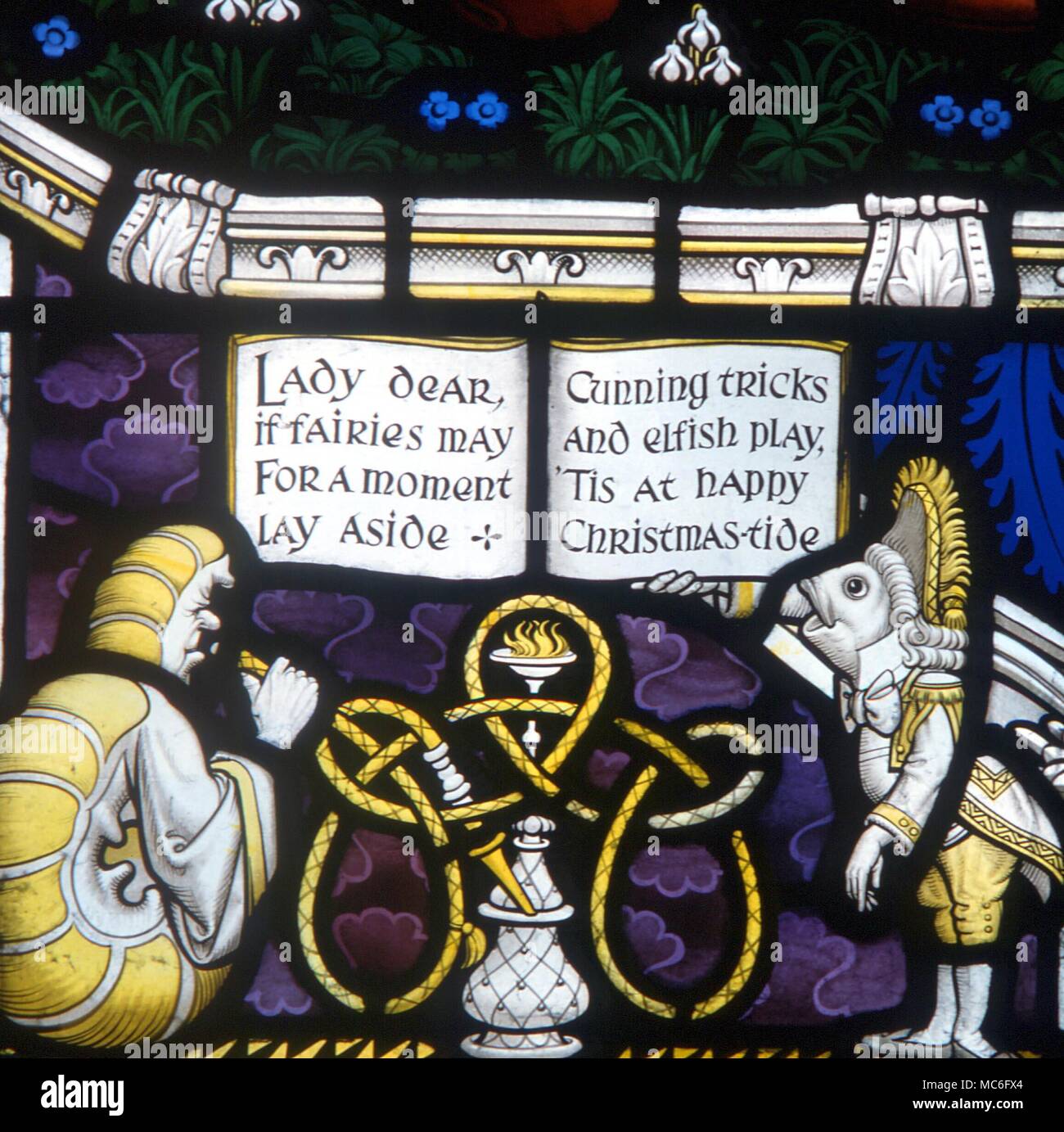 Dormouse, Hare and Mad Hatter - detail of the Lewis Carroll memorial window at Daresbury Stock Photo