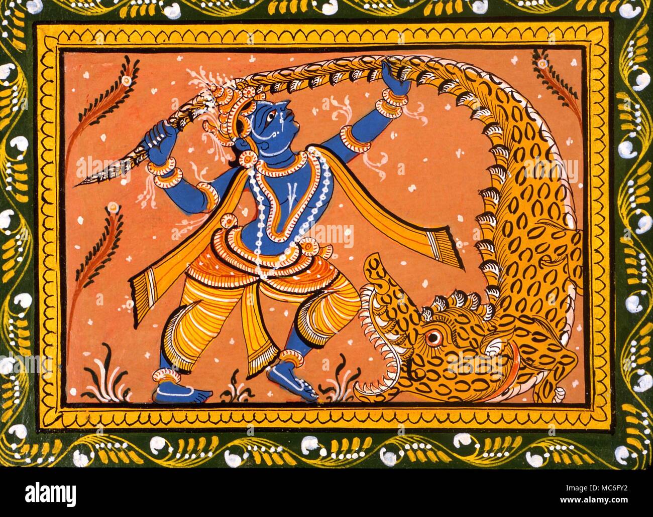 Hindu image of Krishna fighting with the crocodile (Makara). Late 19th century style, photographed in private collection, Khajuraho. Copyright with CW Collection. Stock Photo