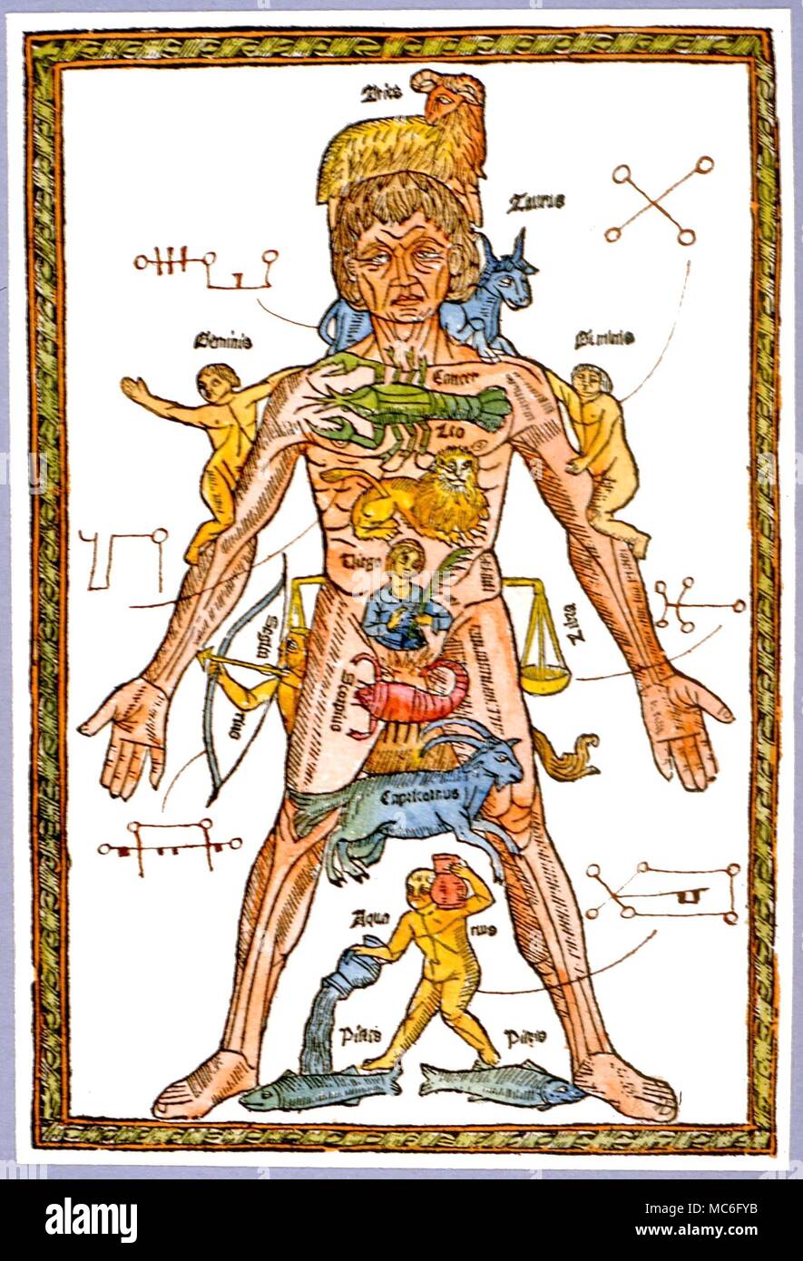 Sigils for the six stars that are linked with the zodiac, hand-drawn into a woodprint from the 1495 Spanish edition of 'Epilogo en Medicina Y Cirugia'. Stock Photo