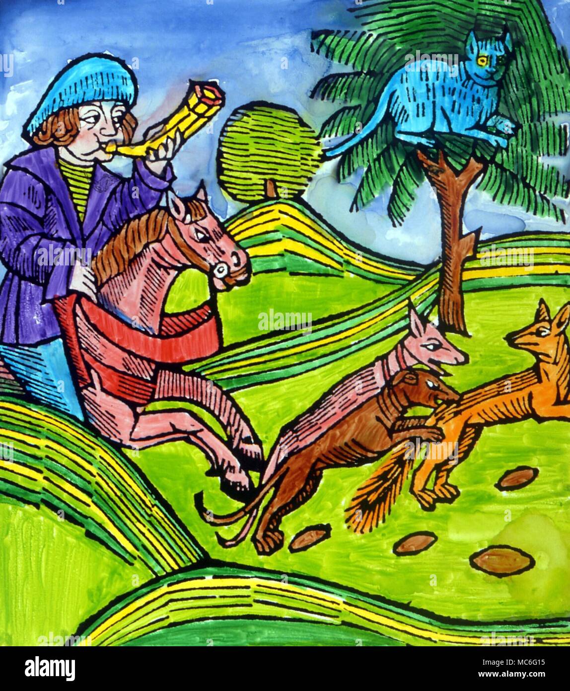 Fox chased by hounds. Illustration to Aesop's tale, The Cat and the Fox, from a 16th century edition of Aesop. Stock Photo