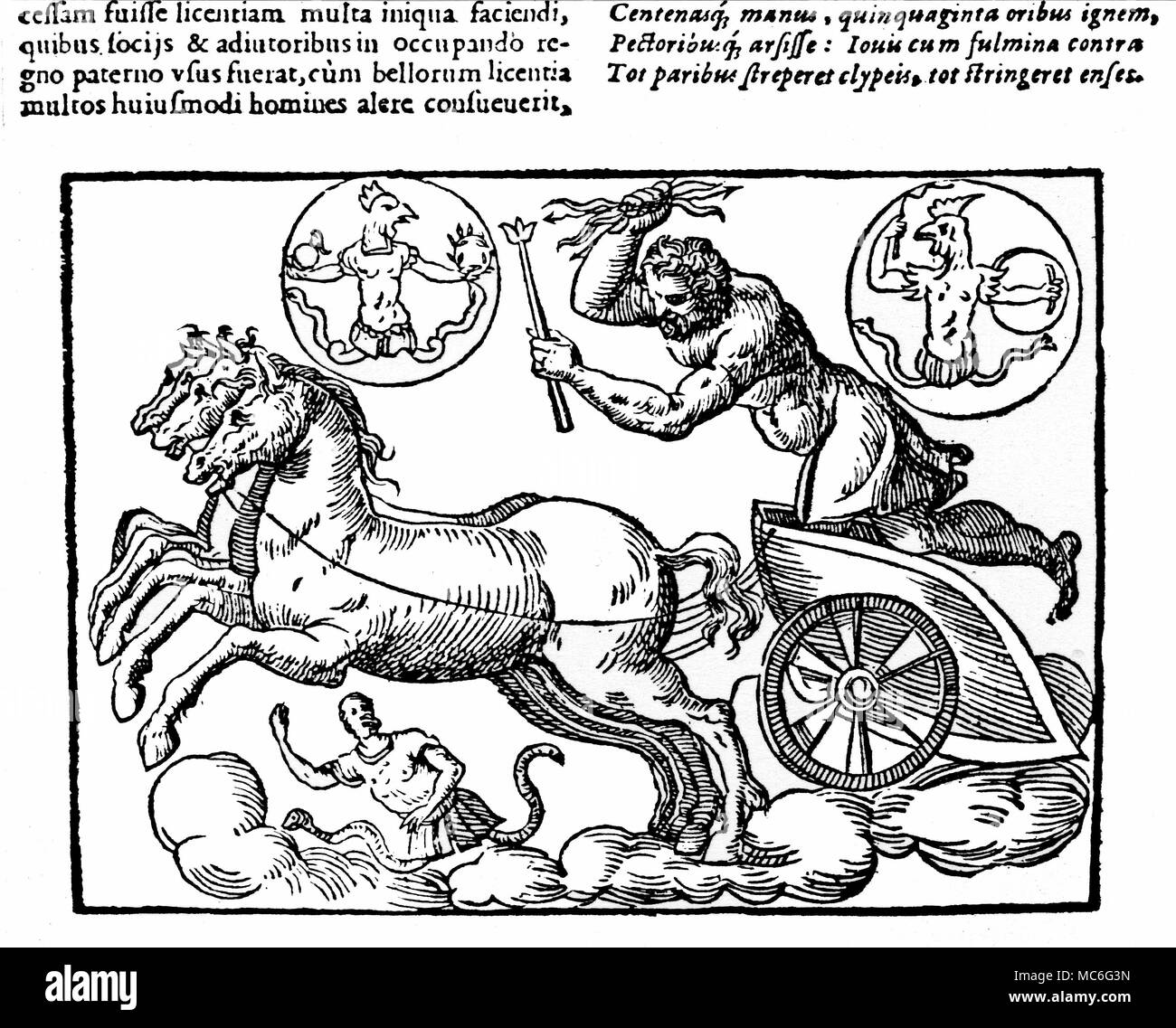 GREEK MYTHOLOGY - ZEUS Zeus, with his horse-drawn chariot, holding in one hand a sceptre (to demonstrate his role as leader of the Gods) and a thunder-bolt, which he tends to use against his enemies on the earth. The two roundels show his connexion with the Gnostic god, Abraxas. Woodcut from a 16th century edition of Natalis Comitis, Mythologiae. Stock Photo