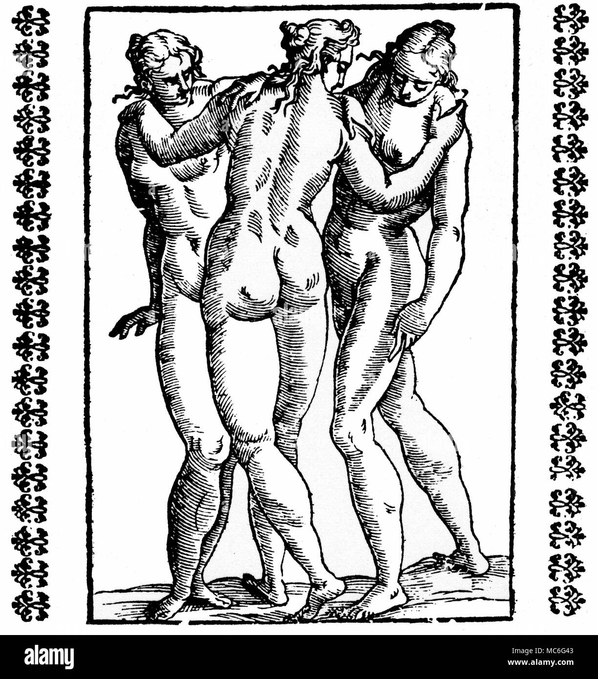 GREEK MYTHOLOGY - THE GRACES The three goddesses who were called by the Greeks the Charites, were known to the Romans as the Gratiae, and to the modern world as The Three Graces. They are said to be the daughters of Zeus, and have the names Euphrosyne, Aglaia and Thalia. Woodcut from a 16th century edition of Natalis Comitis, Mythologiae. Stock Photo