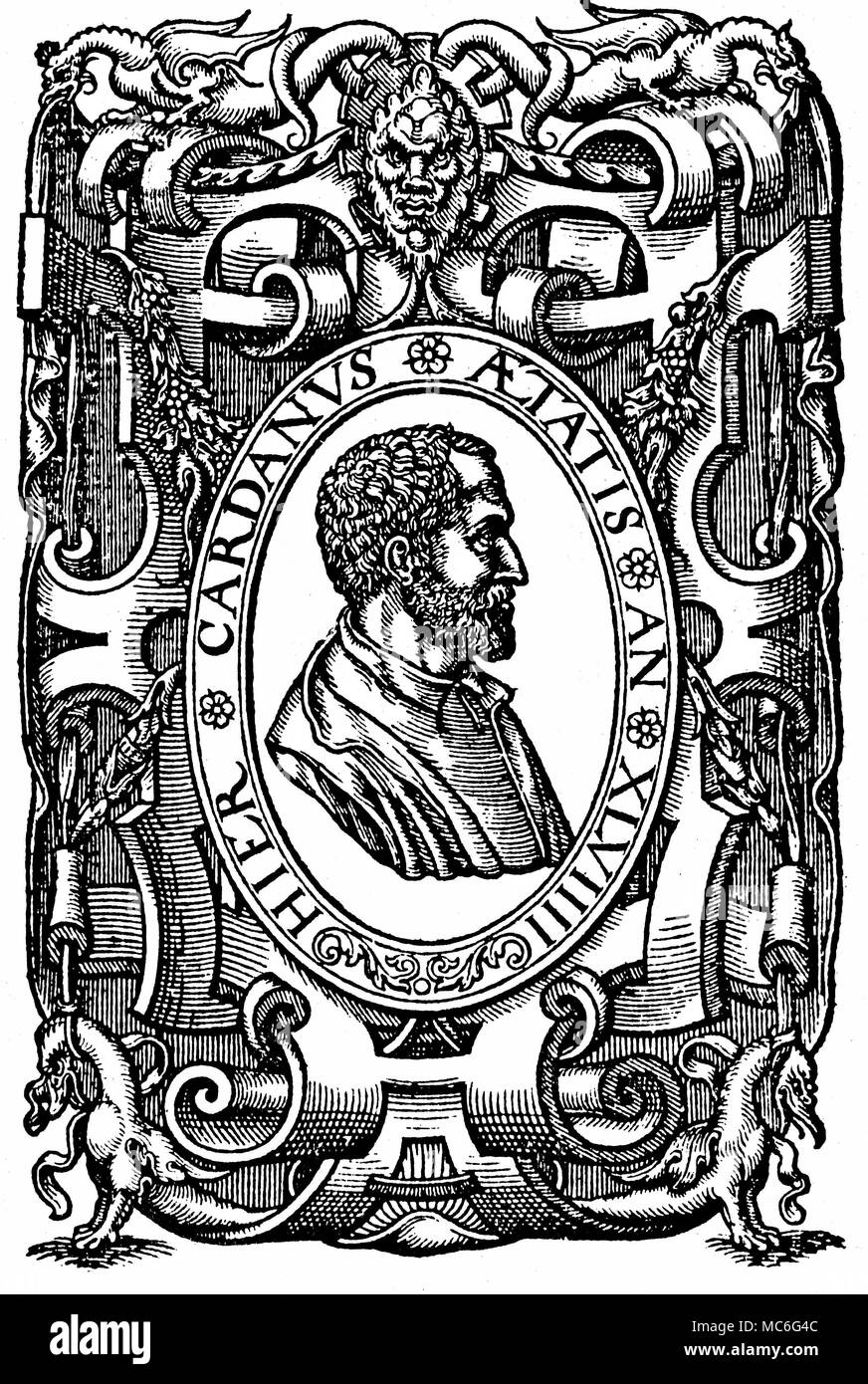 OCCULTISTS - JEROME CARDAN Woodcut portrait of the mathematician, astrologer and physician, Jerome Cardan (or Hieronimus Cardanus, in the Latin form), at the age of 49 - that is, at the age of 7 x 7 - a sacred number. Loose print, but probably once from a copy of Cardan's translation of the Tetrabiblos of Ptolemy. *** Local Caption *** Personalities;image;Mono;Illustration;Esoterica;paranormal Stock Photo