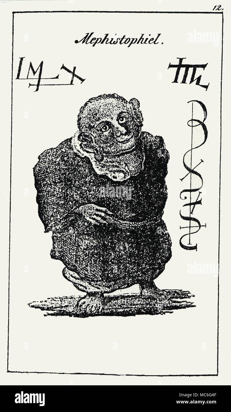 DEMONS - MEPHISTOPHIEL The demon Mephistophiel, with various sigils attached to his name, in grimoires. From Schiebel, Faustbuch, 1843. Stock Photo