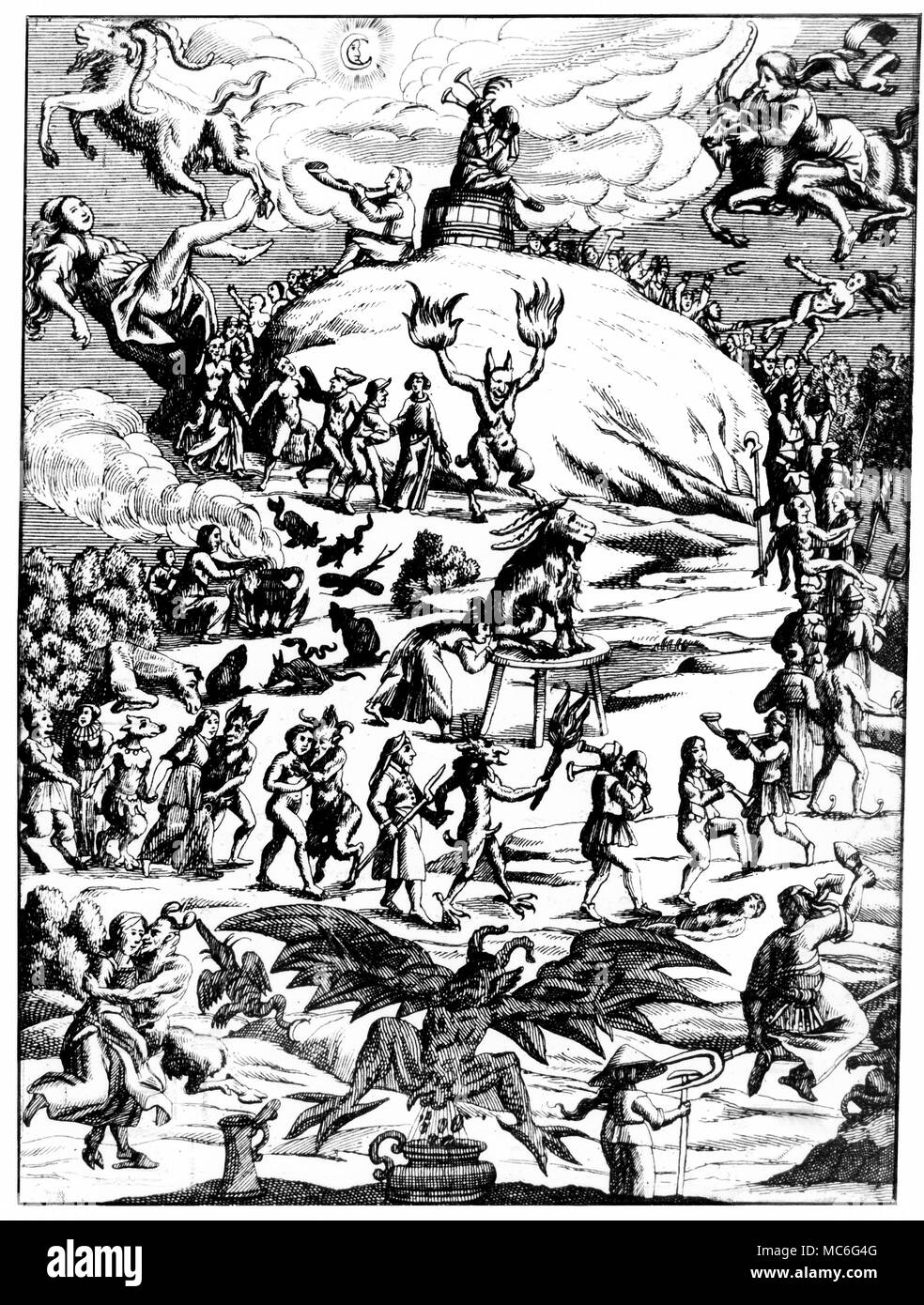 WITCHCRAFT - SABBAT - DEMONS Woodcut depicting the many supposed activities of the witches at the Sabbat - top left a witch is falling from a transvecting goat, and to the right another witch is more successful in her flight. A crowd of witches dance around the hillocks, following a demon with lighted hands. Dominant, in the cenre, the Devil himself, in the shape of a goat, receives the osculum infamis, or the kiss on the buttocks, from one of his devotees. Around this Devil a group of musicians and Devils disport, some of the latter sexually attacking female witches. The black winged mo Stock Photo