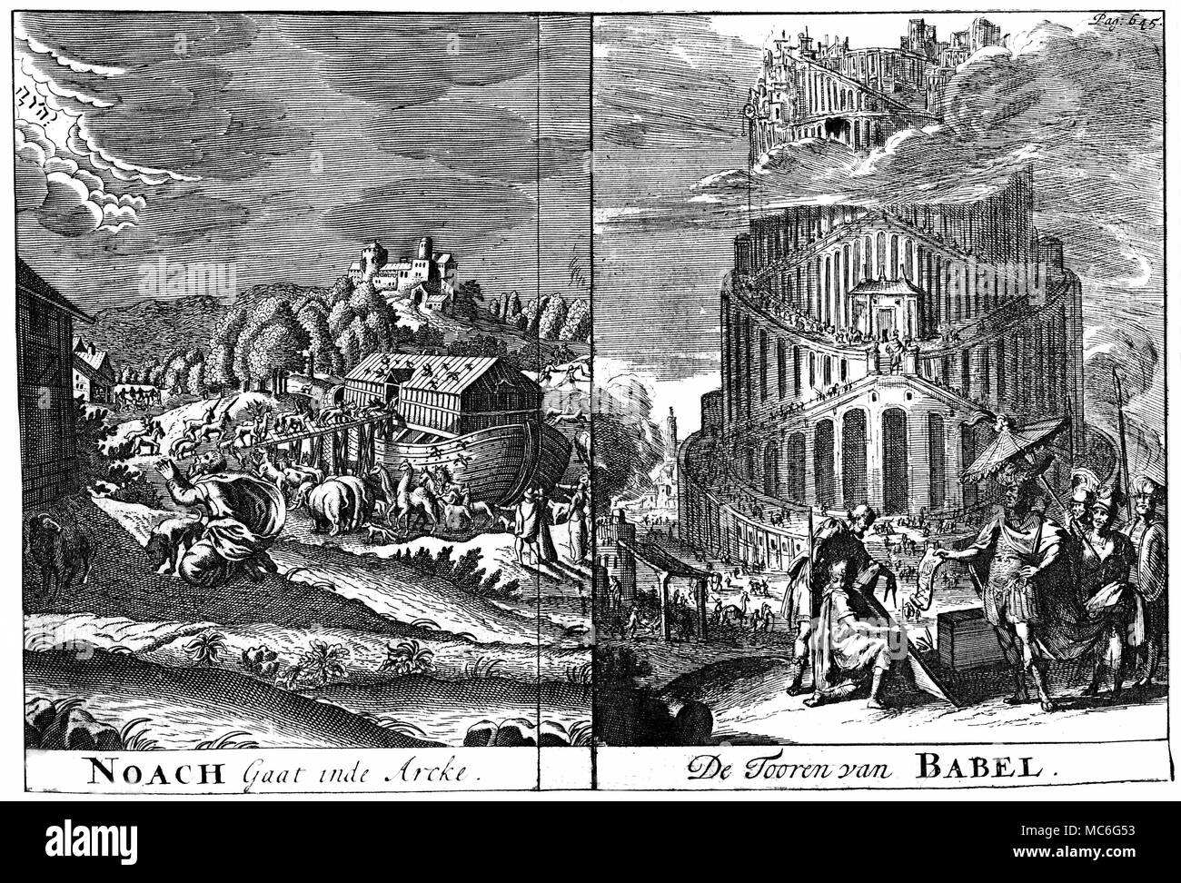 CHRISTIAN - NOAH'S ARK & TOWER OF BABEL [Left] Noah guides the animals, two by two, into the ark. [Right] The building of the Tower of Babel, that it reached even higher than the clouds. Fold-out plate, engraving from the Amsterdam 1685 edition of Spiegel der Sibyllen. Stock Photo