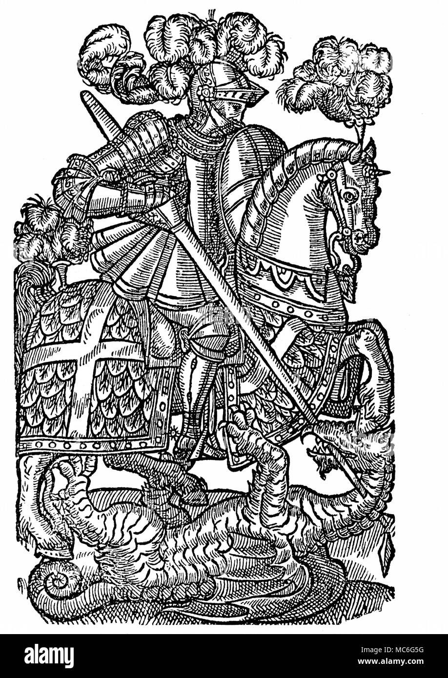 BRITISH MYTHOLOGY - THE RED CROSS KNIGHT The Red Cross Knight, spearing the dragon. From Spenser's Faerie Queen, 1598. From John Richard Green, A Short History of the English People, 1902 edn. Stock Photo