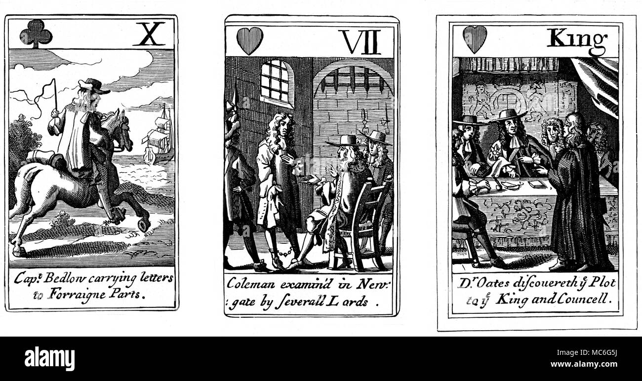 CARTOMANCY - PLAYING CARDS Three playing cards, designed by W. Faithorne in 1684. [Left] Ten of Clubs - Captain Bedlow carrying letters to Forraigne Parts. [Middle] Seven of Hearts - Coleman examined in Newgate prison by several Lords. [Right] King of Hearts. Dr. Oates discovers the Plot to the King and Council. From John Richard Green, A Short History of the English People, 1902 edn. Stock Photo