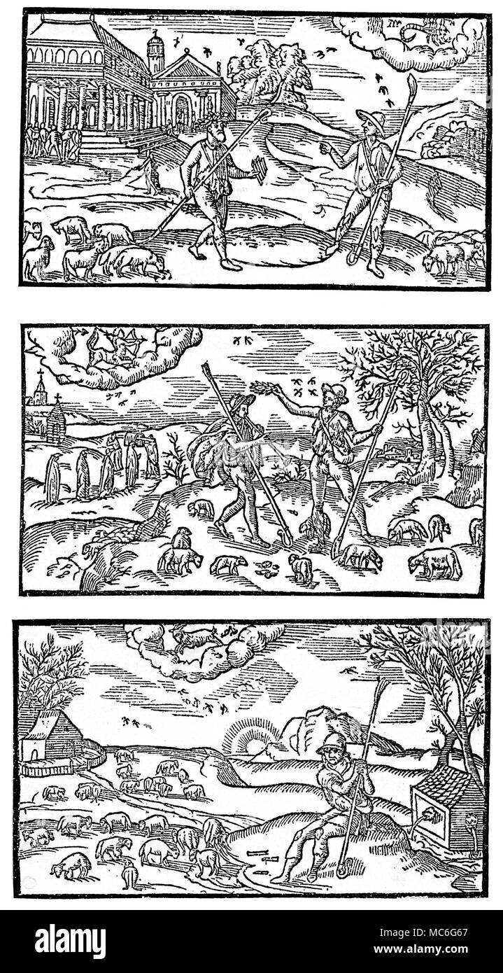 MONTHS - CALENDARS - OCTOBER, NOVEMBER, DECEMBER Sixteenth century Calendar, portraying the Months, the corresponding zodiacal sign and the activities associated with the month, in a rural community. The woodcuts are from a Shepherd's Calendar, 1579. [Reading from top, downwards]: October, with the sign Scorpio: the foliage head-gear of the rustic to the left, and the pan-pipes in his hand suggest a period of merry making. November, with the sign Sagittarius: perhaps the funeral procession, to the left, is a sign that the year is dying? December, with the sign Capricorn (the unletter Stock Photo