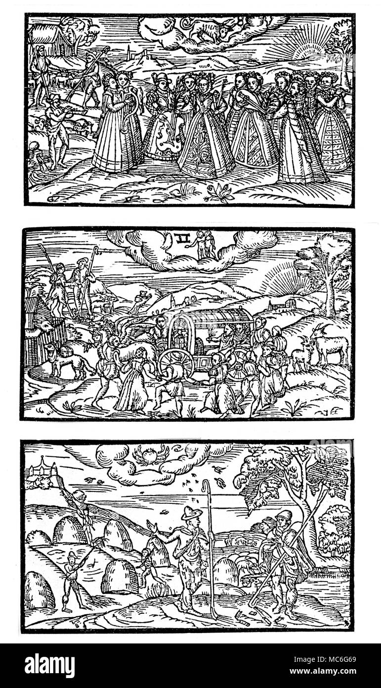 MONTHS - CALENDARS - APRIL, MAY AND JUNE Sixteenth century Calendar, portraying the Months, the corresponding zodiacal sign and the activities associated with the month, in a rural community. The woodcuts are from a Shepherd's Calendar, 1579. [Reading from top, downwards]: April, with the sign Taurus - a time of merry-making and music (though this seems to apply only to the well-to-do - the rustics and still tending their sheep. May, with the sign Gemini - the scene depicted appears to be a marriage, with the rustics dancing in jubilation. June, with the sign Cancer: the rustics appear t Stock Photo
