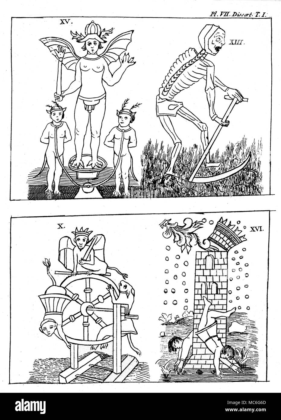 TAROT CARDS - GEBELIN DESIGN - DEVIL - DEATH - WHEEL - TOWER [Top left] The Devil, card 15 of the set pictured by the French Mason, Court de Gebelin, in 1773, based on the Marseille decks he had seen. Gebelin identified the card with Typhon, the Greek equivalent of the Egyptian god of darkness, Set. See Court de Gebelin, Le Monde primitive, Vols. III [1773] and VIII [1781]. [Top right] the Death card, number 13 of the Gebelin design. [Bottom left] The Wheel of Fortune, card 10 of the Gebelin design. [Bottom right] The House of God, card 16, of the Gebelin design, which he uniquely i Stock Photo