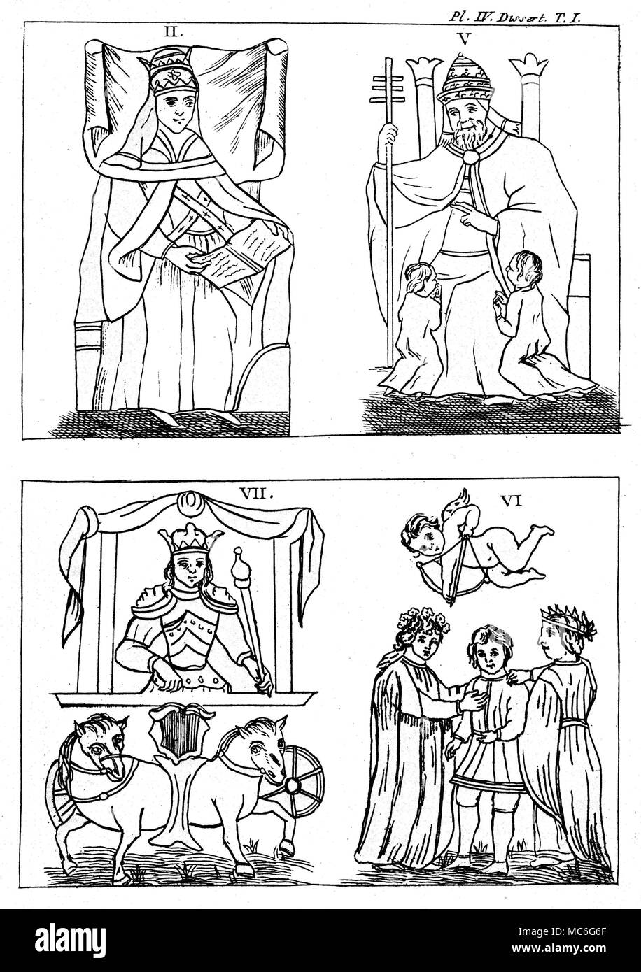 TAROT CARDS - GEBELIN DESIGN - LADY POPE - POPE - CHARIOT - LOVERS [Top left] The Popess, card 2 of the set pictured by the French Mason, Court de Gebelin, in 1773, based on the Marseille decks he had seen. Gebelin referred to her as 'The High Priestess'. See Court de Gebelin, Le Monde primitive, Vols. III [1773] and VIII [1781]. [Top right] The Pope, card 5 of the Gebelin design, which he referred to as the Chief Hierophant, or High Priest. [Bottom left] The Chariot, card 7 of the Gebelin design, which he referred to as 'Osiris Triumphant'. [Bottom right] The Lovers, card 6 of the Geb Stock Photo