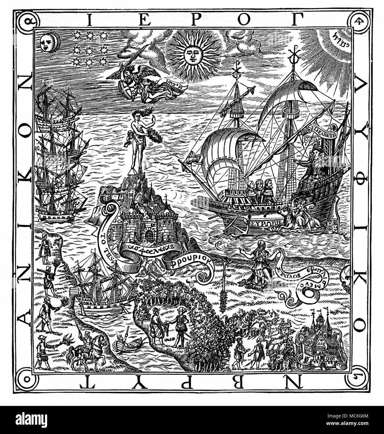 SYMBOLS - HIEROGLYPHICS 'A hieroglyphic of Britain' - the frontispiece to Dr. John Dee, Arte of Navigation, 1577. The image is more a hieroglyphic of Queen Elizabeth, than of Britain. She sits in state on a boat, alongside which is Europa, being carried on the back of a bull. She is sailing towards the personification of Good Fortune, who stands with her right foot on a pyramid. From John Richard Green, A Short History of the English People, 1902 edn. Stock Photo