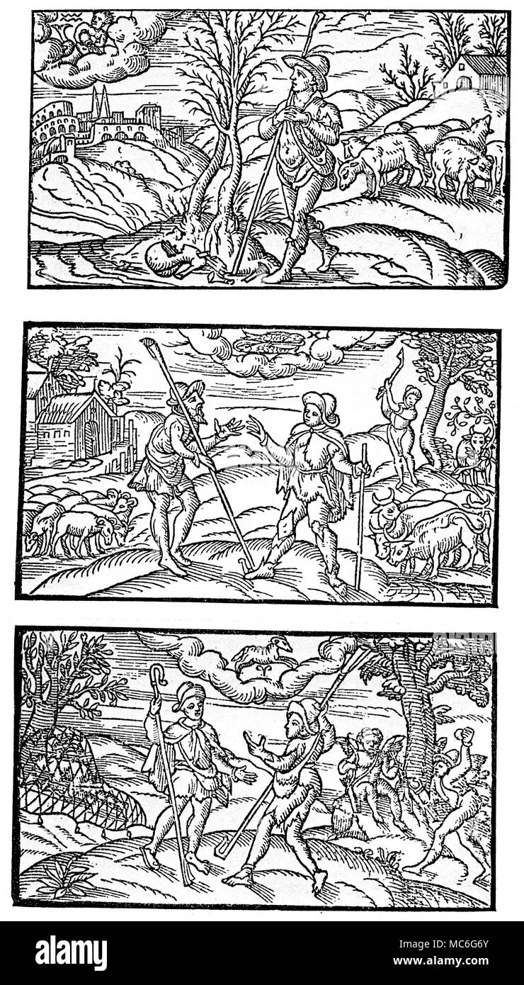 MONTHS - CALENDARS - JANUARY, FEBRUARY AND MARCH Sixteenth century Calendar, portraying the Months, the corresponding zodiacal sign and the activities associated with the month, in a rural community. The woodcuts are from a Shepherd's Calendar, 1579. [Reading from top, downwards]: January, with the image of Aquarius, and a shepherd looking after a flock of sheep. February, with the sign of the Fishes, Pisces, and rustics looking after their animals, and one cutting down a tree. March, with the sign Aries, with rustics netting bids (left) and thinking of love-making (hence the cupid to h Stock Photo