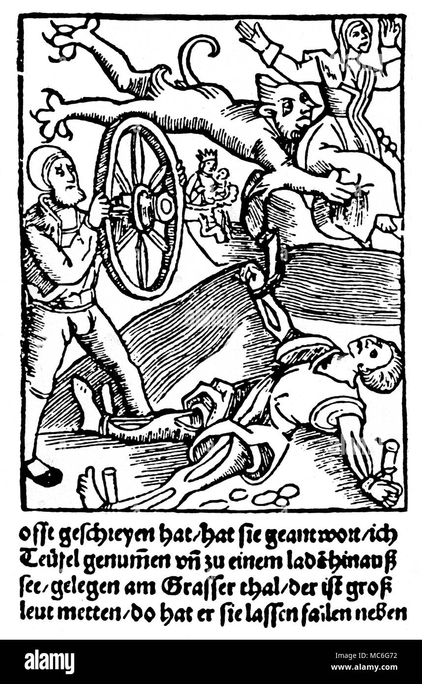 WITCHCRAFT - DEATH - TORTURE In the foreground, a warlock is being put to death by the fiendish torture of having all his bones broken with a metal-bound wheel. Above, the soul of his female companion, the witch, is being carried off by a demon. From a German newsletter of 1517. Stock Photo