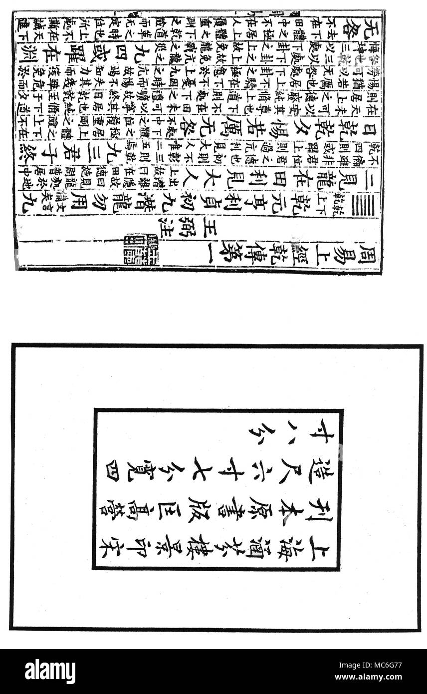 I CHING - HEXAGRAM No. 1 - CHIEN The first hexagram of the sacred Book of Changes, or I Ching, or The Book of Chou, used in China both for divination and as a source of philosophical enquiry. This double page from a tenth century Chinese printed blockbook sets out the hexagram, which consists of six straight lines - the trigrams Chien or Chien - followed by the traditional rationale pertaining to this meeting of the two trigrams. The title, Chien, is usually translated as 'The Creative', or 'The Heavenly'. Stock Photo