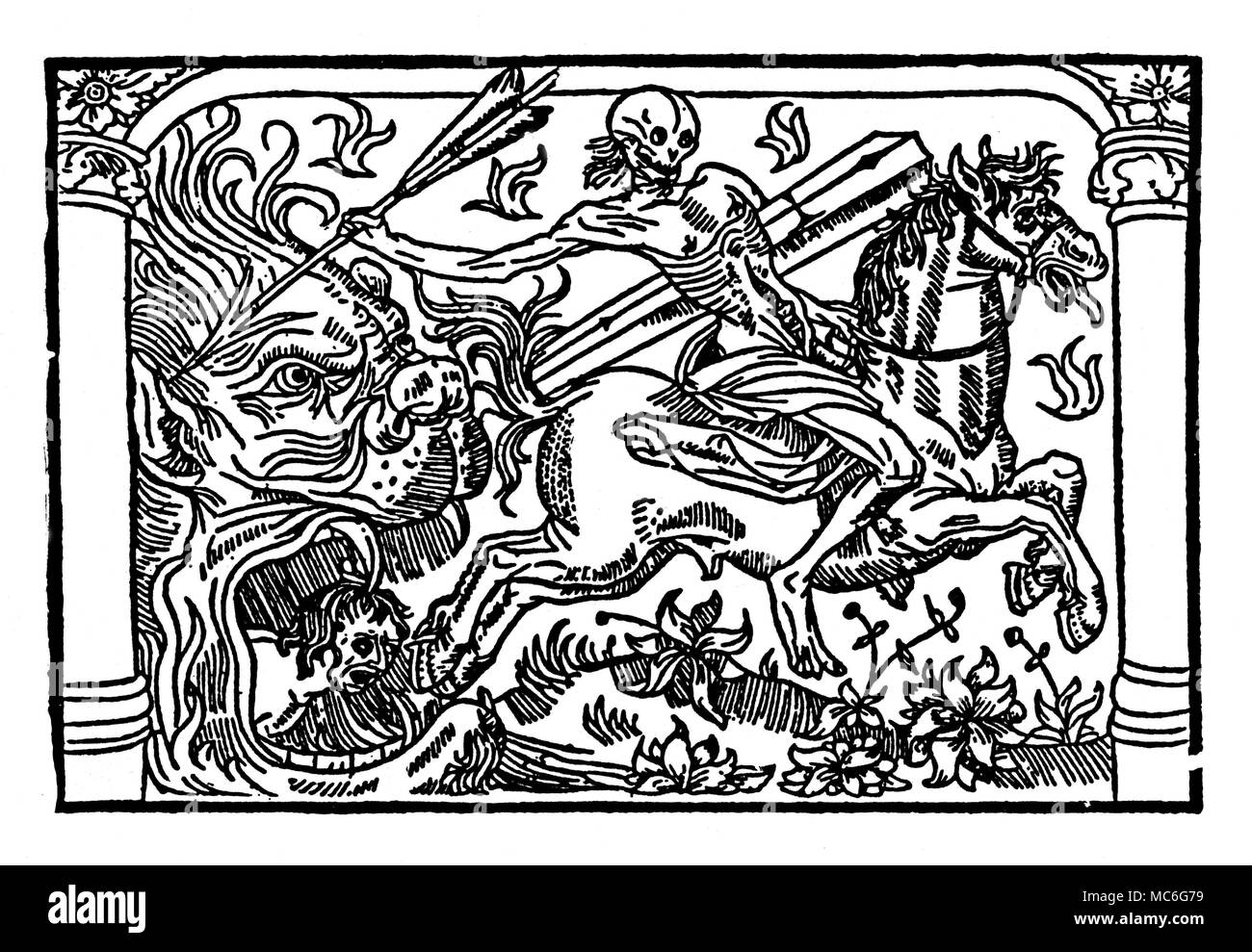 DEATH - HELL Death riding out from the jaws of Hell, carrying a coffin beneath his left arm, and holding the fatal dart in his right hand. From Le Grant Kalendrier & compost des Bergiers avecq leur Astrologie, circa 1500. Stock Photo