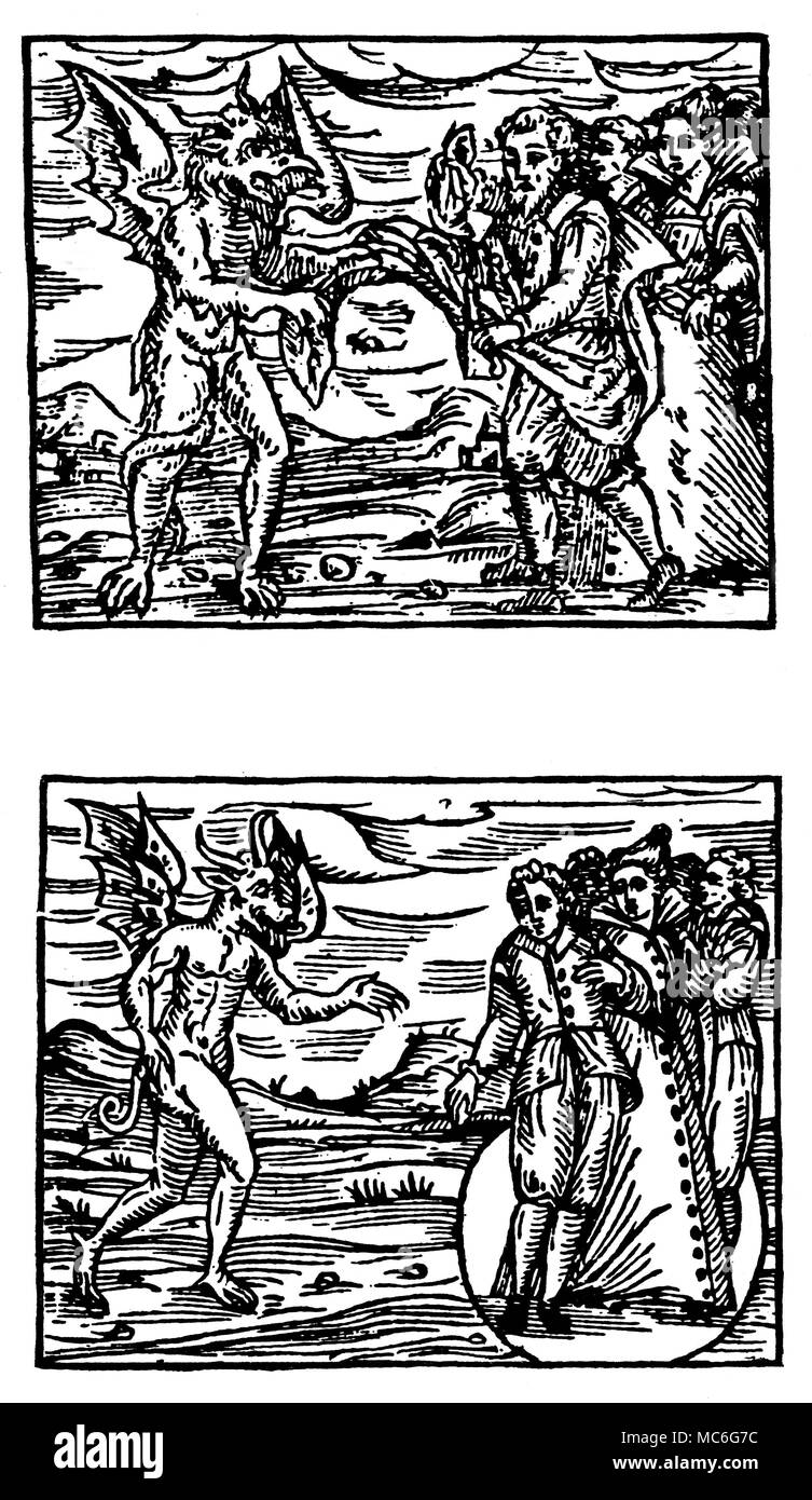 WITCHCRAFT - DEVIL AND WITCHES - SYMBOLS [Top] The witches, as symbol of their total allegiance to the devil are required by him to present to him an article of their clothing - representative of the spiritual goods they have either denied, or given to the Devil, and an outer symbol of the blood, which they will shortly gift to the Devil. The fifth requirement of the Pact made between witches and their master, the Devil. [Bottom] The witches, as part of their preparation for expressing their total allegiance to the devil are required by him to stand in a protective circle, redolent of the Stock Photo