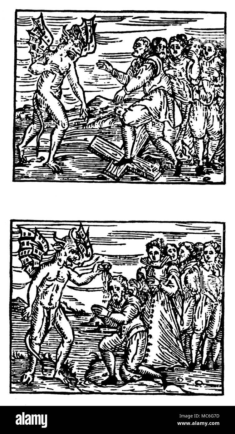 WITCHCRAFT - DEVIL AND WITCHES [Top] The witches are required by the Devil to renounce and abjure their baptism. This they do by trampling on the Holy Cross. The first requirement of the Pact made between witches and their master, the Devil. [Bottom] After the witches have renounced Christ, the Virgin Mary, and abjured their baptism, the Devil baptizes them a second time, in his own name. Here the warlock kneels in obedience to the Devil, who baptizes him in the waters of a stream. The second requirement of the Pact made between witches and their master, the Devil. Illustrations from Stock Photo