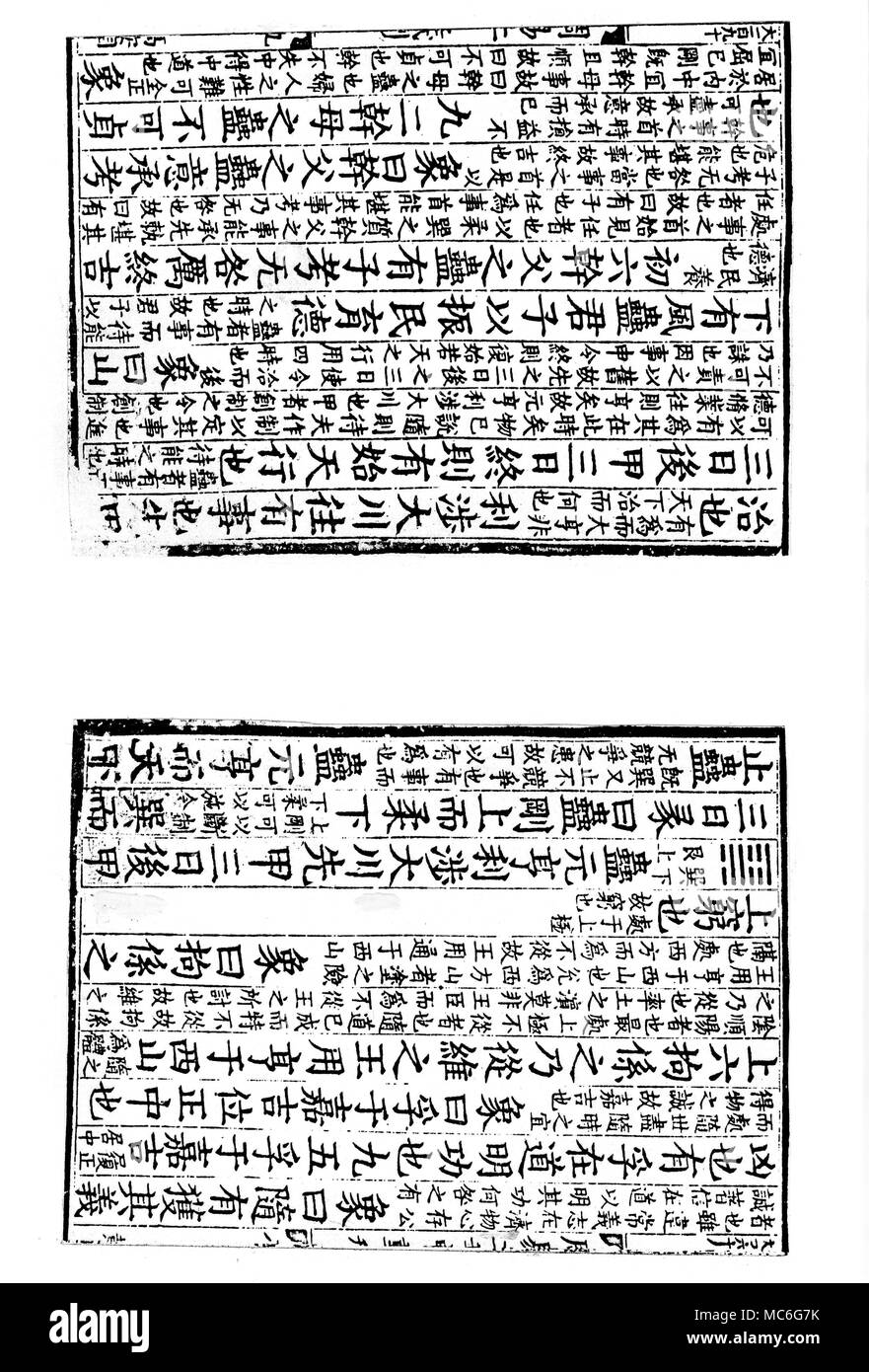I CHING - HEXAGRAM No. 18 - KU The eighteenth hexagram of the sacred Book of Changes, or I Ching, or The Book of Chou, used in China both for divination and as a source of philosophical enquiry. This double page sets out the beginning of the reading for this hexagram in the third column from the left, of the right-hand page: the two pages are from a tenth century Chinese printed blockbook. The hexagram, of six lines is made from the meeting of the upper Ken (or 'Mountain') with the lower Sun (or 'Penetrating Wind'), and is followed by the traditional rationale pertaining to this meeting of Stock Photo