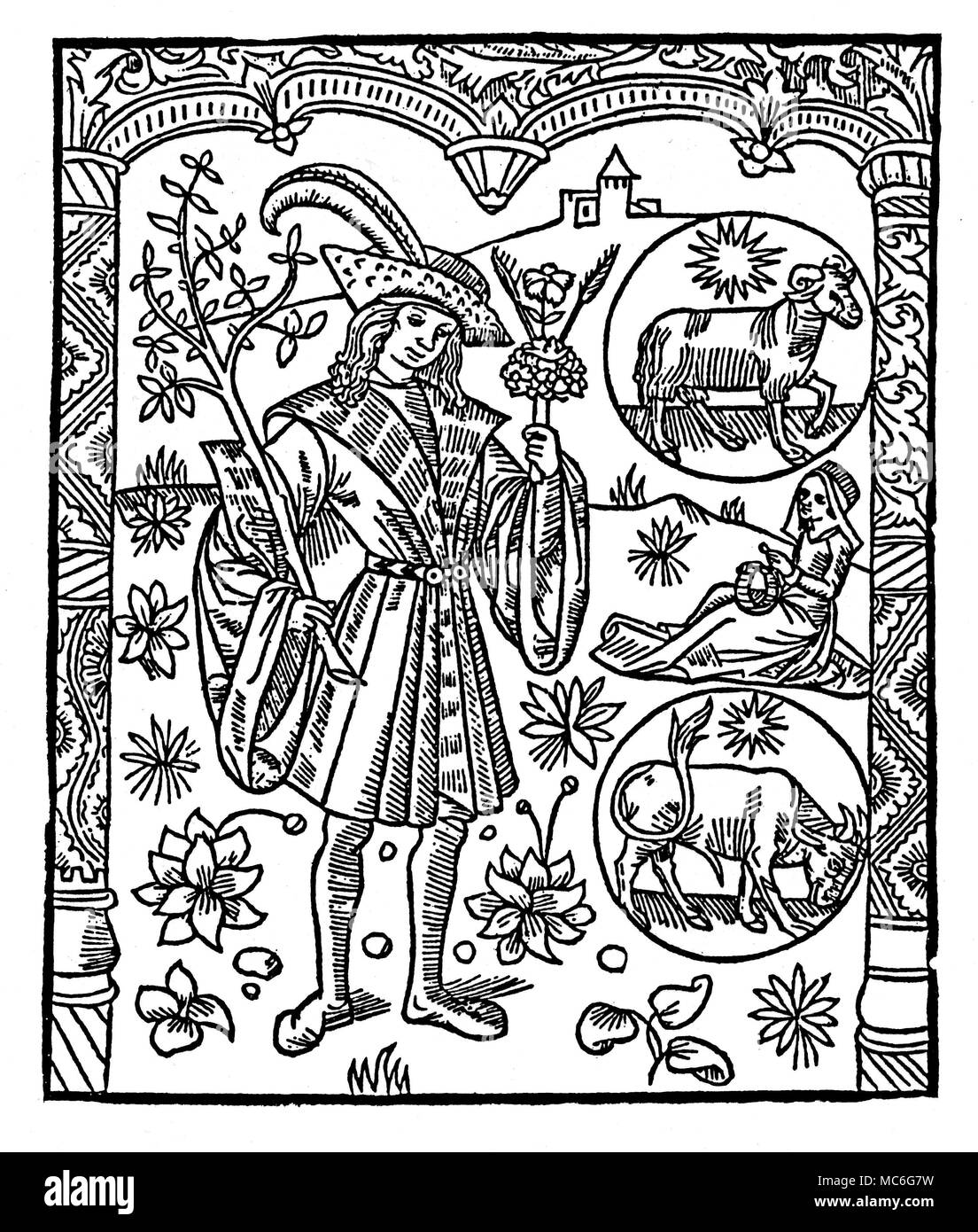 MONTHS - APRIL - ARIES & TAURUS Woodcut depicting lovers - the young man  amorous, with flowers for his beloved. The top roundel is the zodiac image  for Aries, the Ram; the
