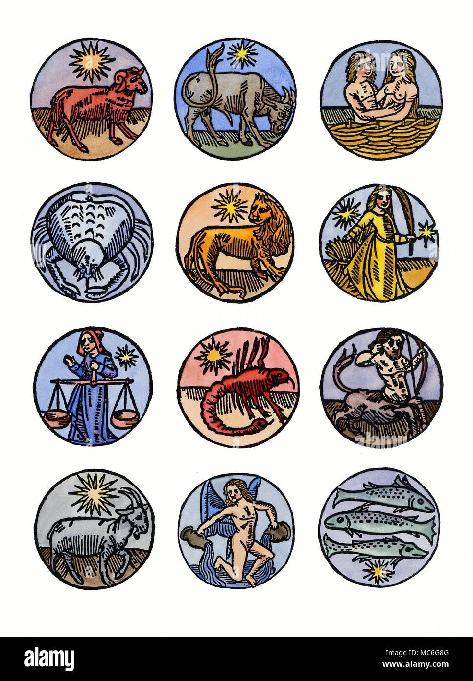 ASTROLOGY - THE TWELVE SIGNS Twelve roundel images of the signs of the zodiac. Reading from the top, left to right, Aries, Taurus, Gemini, Cancer, Leo, Virgo, Libra, Scorpio, Sagittarius, Capricorn, Aquarius and Pisces. From the Nicolas le Rouge edition of Le Grant Kalendrier et compost des bergiers, circa 1500. Stock Photo