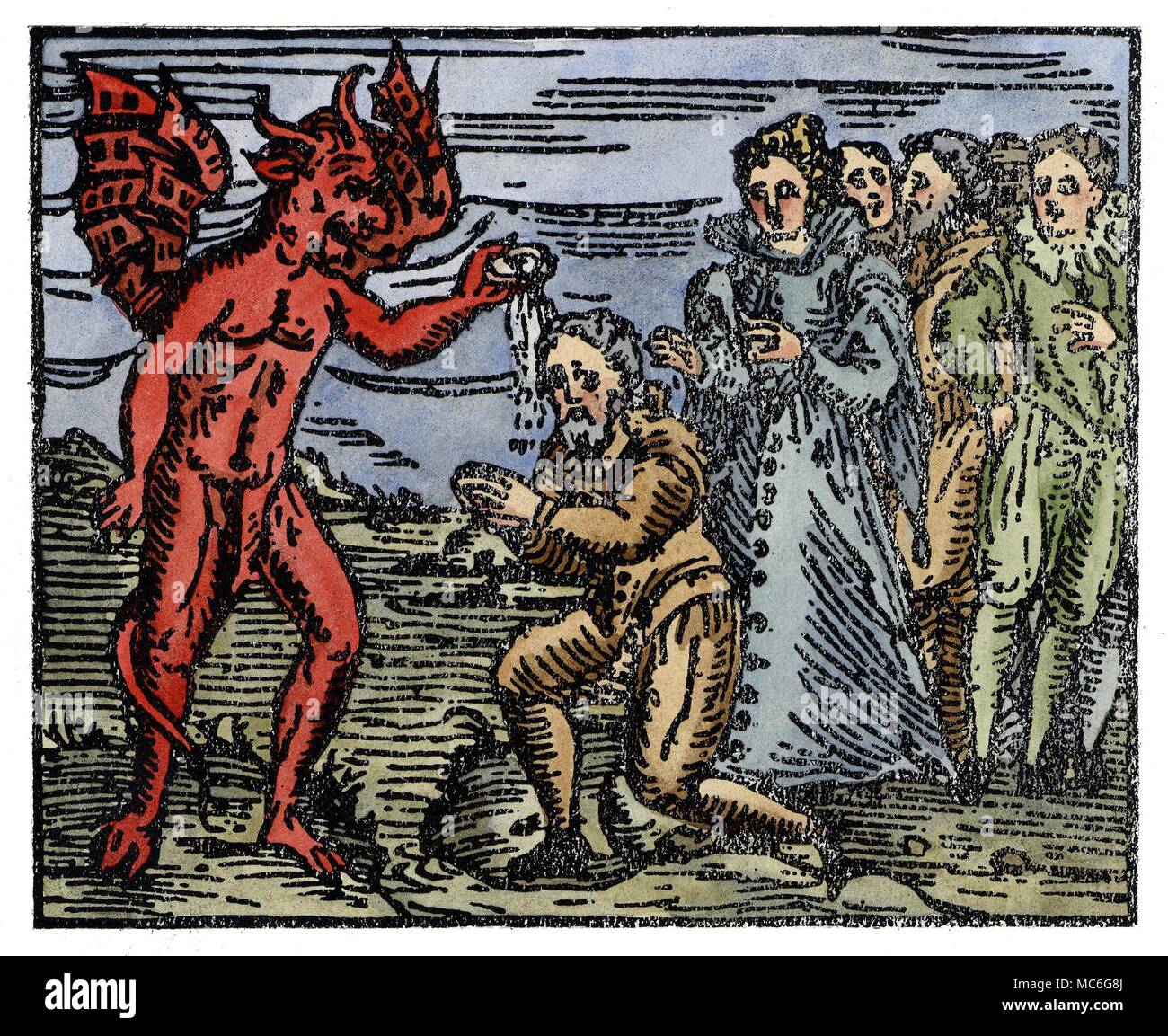 WITCHCRAFT - DEMONS The witch is baptised by the Devil, and in the name of Hell. Since the witch has renounced his Christian name, he is given another by his new owner, the Devil. Hand-coloured print from Francesco Maria Guazzo, Compendium Maleficarum, 1608. This was the most learned and precise of mediaeval witchcraft manuals, and in some respects (because it paid homage to the superstitions of the worst kind) one of the most horrible. Stock Photo