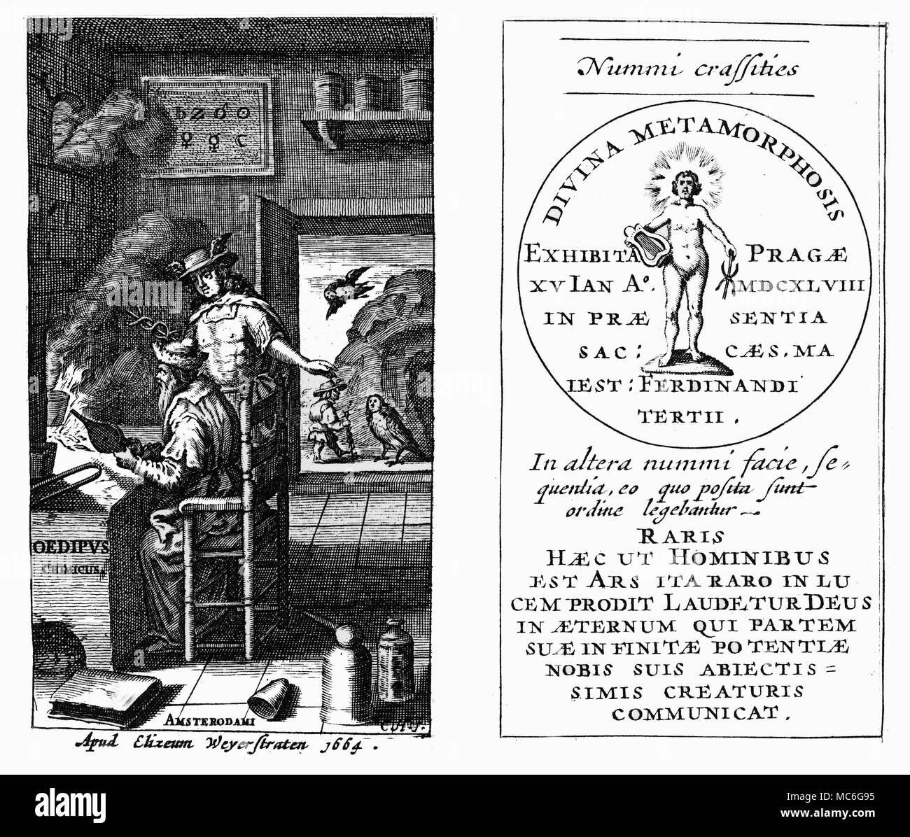 ALCHEMY - GOLD-MAKING - OEDIPUS - SPHINX. [Left] Titlepage of Johann Joachim Becher, Oedipus Chimicus, 1664. The graphic play with the title may be seen in the detail through the open door: Oedipus, with the staff or caduceus of Mercury, is confronted by the human-headed Sphinx. In continuous narrative, above, the Sphinx plunges from the cliff, because Oedipus has been able to answer her question (about the nature of Man). The mythological allusion is, of course, to Becher and Mercury, in the foreground: the alchemist is working with Mercury to answer the riddle of the Universe. [Right] Stock Photo