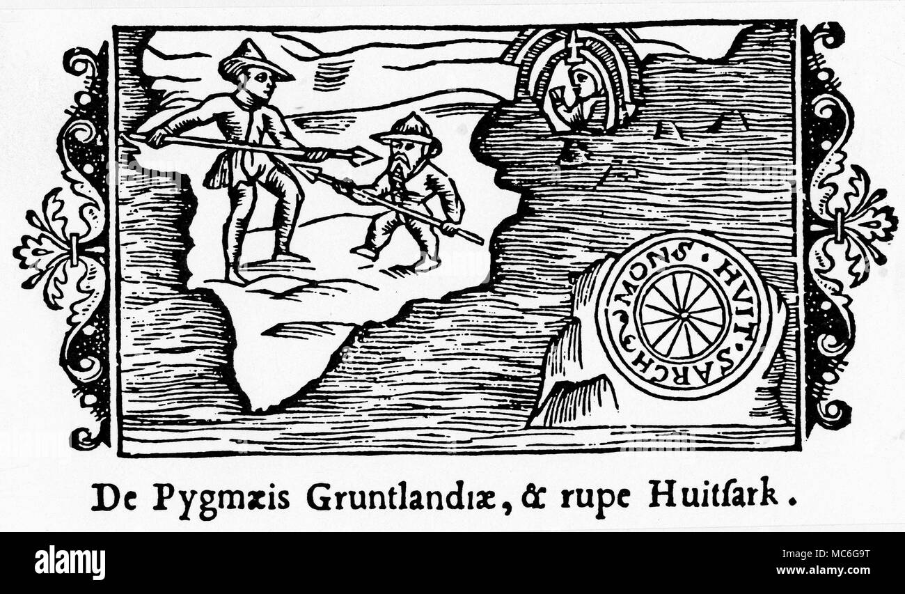 NORSE MYTHOLOGY - SKRALING - SEA-MARKER A Greenlander fighting a pigmy Skraling (the name given by the Norse and Islandic to the natives of Greenland and North America) - woodcut from Olaus Magnus, Historia de Gentibus Septentrionalibus (1555), Cap. XI. From a glory at the top, a saint looks on, but whether he is encouraging in the Greenlander or the Skraling is not at all clear. Olaus (whose family name was Stora, meaning 'great') was of the opinion that the sea-marker carving of the 'compass' on the rock to the bottom right was made circa 1494, by the pirates, Pining and Pothorst. In the Stock Photo