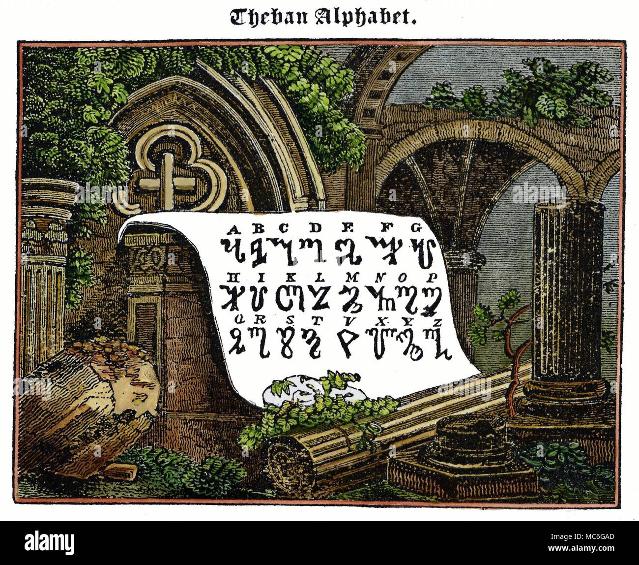 ALPHABETS - THEBAN SCRIPT The mediaeval Theban script, with modern key, attributed to Honorius, but certainly based on the alphabet preserved by Cornelius Agrippa in De Occulta Philosophia, 1534. Hand-coloured wood engraving - illustration No. XVI from The Straggling Astrologer of the Nineteenth Century, 1848. In the Charles Walker archives are a number of wiccan magical implements in which the Theban script have been used. Stock Photo