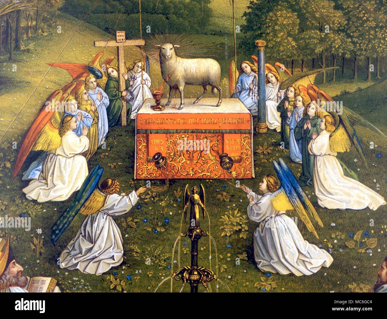 Image of the lamb as the Lamb of God (Christ) on an altar. Lithograph (Arundel print) of circa 1865 of the Ghent Altarpiece, by the van Eycks Stock Photo