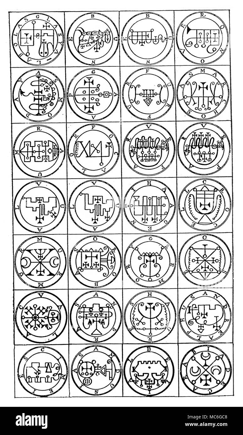 TALISMANS - DEMONS - SIGILS - GRIMOIRES Demonic sigils, in talismanic form, selected from grimoires by the American arcanist, L. W. de Laurence, The Lesser Key of Solomon, 1916 edition. Each of the 28 talismans consists of the name of a demon and a sigil. The name is inscribed within an outer circular band, while the traditional sigil of that demon is drawn within the inner circle. As there are three repetitions of names (which, in each case, are provided with alternative sigils) there are 25 demons in the sequence. Reading from left to right, downwards: Glasyalabolas. Bune. [Bune]. Stock Photo