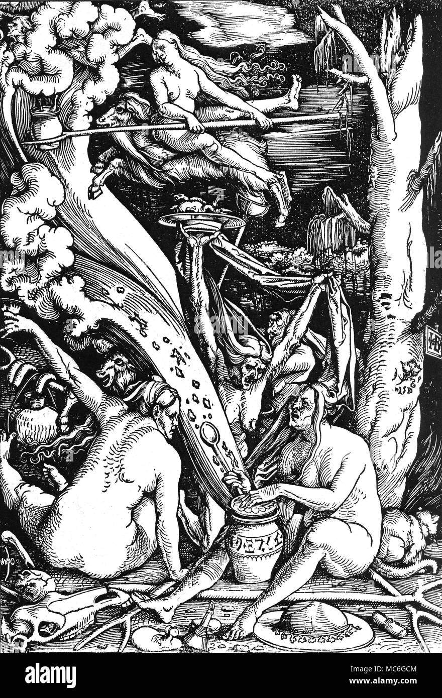 WITCHCRAFT - TRANSVECTING WITCHES 'The Witches' - woodcut by Hans Baldung Grien, 1510. Two witches are transvecting - one seemingly on a cloud, the other on the back of a goat (which is surely a devil in disguise). The witch in the foreground (right) is opening a witch-jar, from which stream all kinds of evil; the jar is inscribed with Hebrew-like letters, pointing to the fact that Jews were regarded little more highly than witches, in the early 16th century. Behind this witch is a cat familiar. In the immediate foreground is a magic mirror, or scrying mirror, used for looking into the f Stock Photo