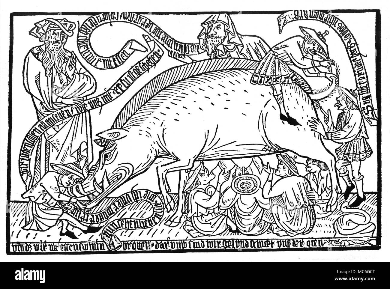 MONSTER - JEWISH MYTHOLOGY The Judensau, or Jewish Pig. A mid-15th century woodcut, portraying a scurrilous attack on the Jews, in a image that was popular for centuries, showing Jews sucking the teats of a monstrous pig, and even licking its posterior. See Georg Liebe, Das Judentum in der Deutschen Vergangenheit, 1903. Stock Photo