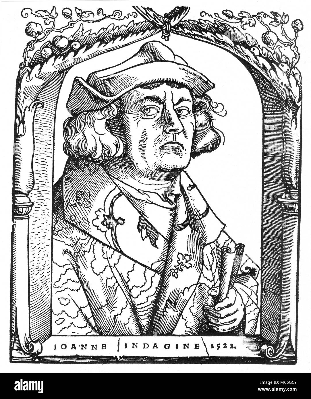 OCCULTISTS - JOANNE INDAGINE Woodcut portrait of the palmist, astrologer and physiognomist, Johanne Indagine, or Von Hagen, made for the latter's popular work, Introductiones Apotelesmaticae elegantes, 1522. Indagine was a learned priest of Steinheim, near Frankfurt: his book (more properly 'books', as the three disciplines were presented in three sections, even down to having different sequences of pagination), was among the most popular of its kind during the early 16th century, and was published in English, French and Germany in many editions. Stock Photo