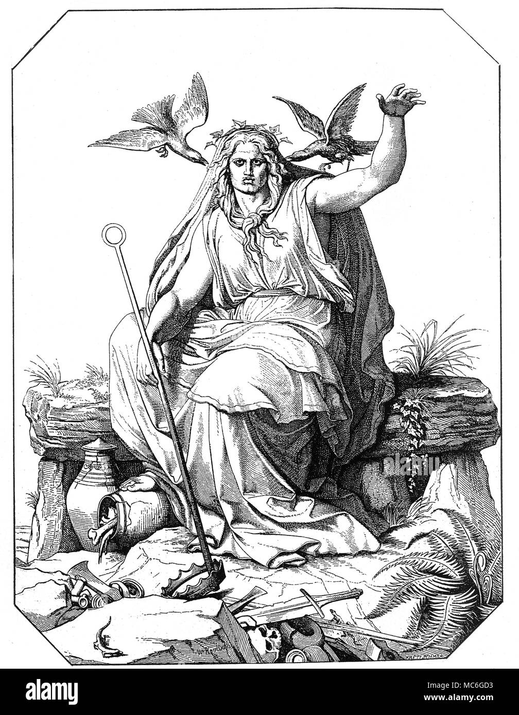 TEUTONIC MYTHOLOGY - ODIN The Nordic God Odin, with his ravens, seated on a 'Druidic' altar stone, or cromlech. Nineteenth century wood engraving by Kretzchman of the painting by William von Kaulbach. Stock Photo