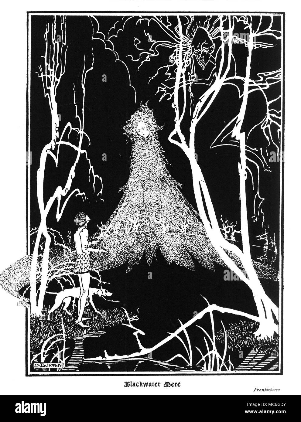 HAUNTINGS - HUNTRESS HAG Frontispiece illustration by Doris Burton, to the 'mediaeval romance' by Harold Boulton, The Huntress Hag of the Blackwater, 1926 edition. The picture illustrates the poem The Reverie: Some presence boding nameless fear Seemed hovering round Blackwater Mere. This is the Huntress Hag of the Blackwater. Stock Photo