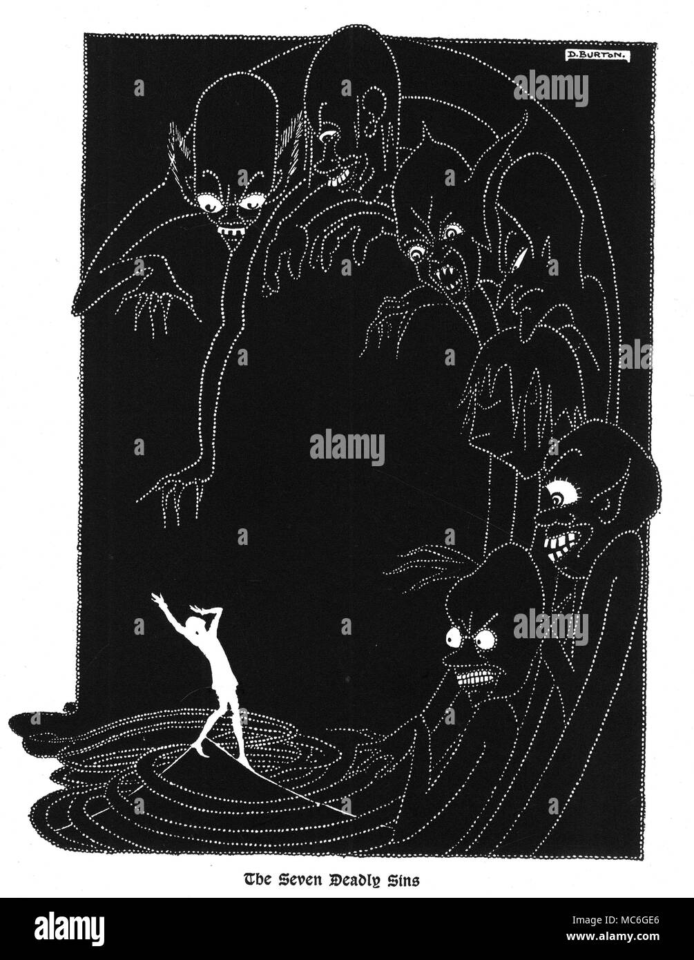 HAUNTINGS - SEVEN DEADLY SINS Illustration by Doris Burton, to the 'mediaeval romance' by Harold Boulton, The Huntress Hag of the Blackwater, 1926 edition. The picture illustrates the poem, At Bay, which proceeds the Song of the Seven Deadly Sins: As rooted to earth I stand my ground The demon hunt comes surging roundÃ My stricken soul meets face to face The sevenfold sins that plague our race; Stock Photo
