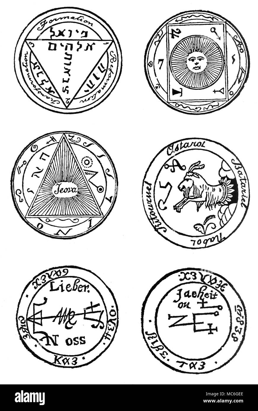 GRIMOIRES - TALISMANS Talismans are magical figures designed to achieve certain effects by spiritual means - usually by evoking the power of a particular angel or demon. Like the majority of talismans, the six recorded here are ultimately derived from the grimoire tradition. From top, reading left to right. Talisman from the Enchiridion of Pope Leo III. A talisman from the grimoire, The Sage of the Pyramids, recorded by A.E. Waite in The Book of Ceremonial Magic, is designed to grant invisibility to the possessor - supposedly, it also confers the ability to pass through solid walls: it Stock Photo