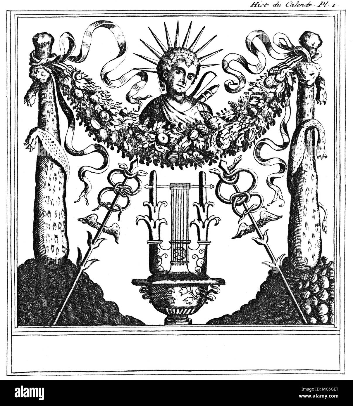 SYMBOLS - INITIATION - APOLLO Engraving from Court de Gebelin, Monde Primitif, AnalysÃš et ComparÃš avec le Monde Moderne, 1773. The design illustrates a number of initiation symbols, derived from the cult of Apollo (practised, for example at the sacred centre of Delphi). The symbols include the eleven-rayed head of Apollo. The two clubs of Hercules, draped with the skin of the lion he slew - a reminder of the twelve labours which accompany every way of initiation, and which are linked with the zodiac, and thus with the course of the Sun (Apollo). The two sets of caduceus, with the intert Stock Photo