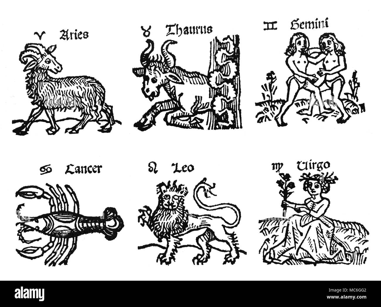 ZODIAC SIGNS The first six images of the zodiac signs, with related sigil and name. From left to right: Aries, Taurus, Gemini, Cancer, Leo and Virgo. Early 16th century. Stock Photo