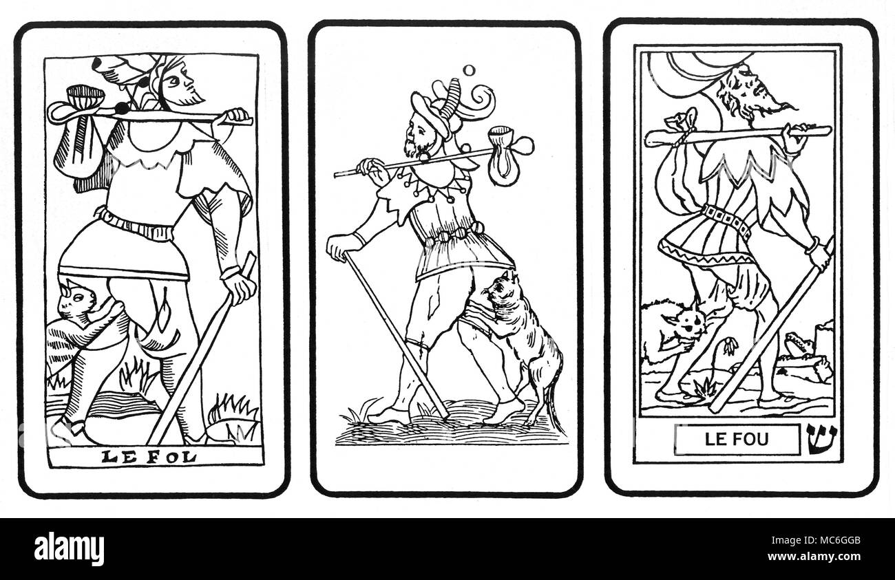 TAROT - THE FOOL CARD - CATS Three atout, or picture cards from different Tarot decks, selected to illustrate that the animal attacking the Fool was at one time regarded as being a cat, rather than a dog (as in other decks). The first card (left) is the Fool (Le Fol) from the Jean-Pierre Payen Tarot, of circa 1735. The second is the Fool from the Court de Gebelin design of 1773. The third is from the Oswald Wirth deck of 1889 Stock Photo