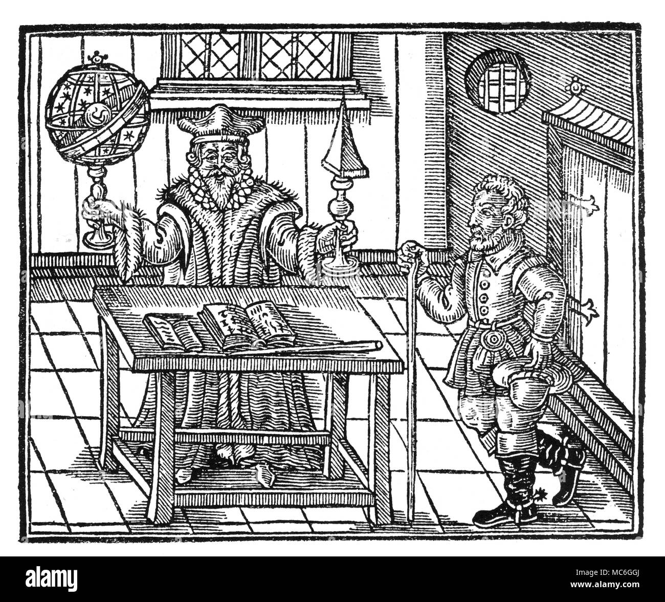 ASTROLOGY The astrologer and his client. Title-page woodcut from John Melton, Astrologaster, or, The Figure-Caster, 1620. Stock Photo