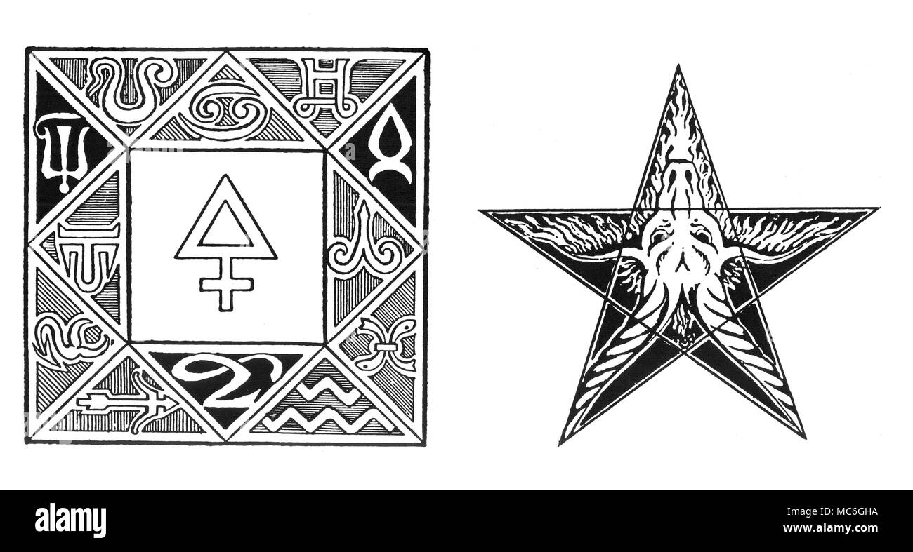SYMBOLS - GOAT OF MENDES - BLACK PENTAGRAM Symbols from Oswald Wirth, Le Tarot des Imagiers du Moyen Age, 1927. [Left] The development of the black pentagram which formed one of the three pentagrams in Oswald Wirth's triple pentagramme. It represents the infernal fire that burns in each of us. Wirth refers to the demonic pentagrammic head as the 'Red Head of Baphomet', but it is evident in his original schema that the head was to be visualised as being black. [Right] Wirth's visualization of the twelve sigils for the signs of the zodiac within a mediaeval quadrant chart, at the centre o Stock Photo